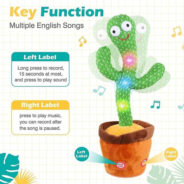 T  Dancing Cactus Talking Toy – Singing, Dancing & Voice Recording Plush Toy for Kids | Interactive Mimicking Cactus Repeats What You Say with LED Lights, Music & Educational Fun Gift for Babies, Toddlers & Children