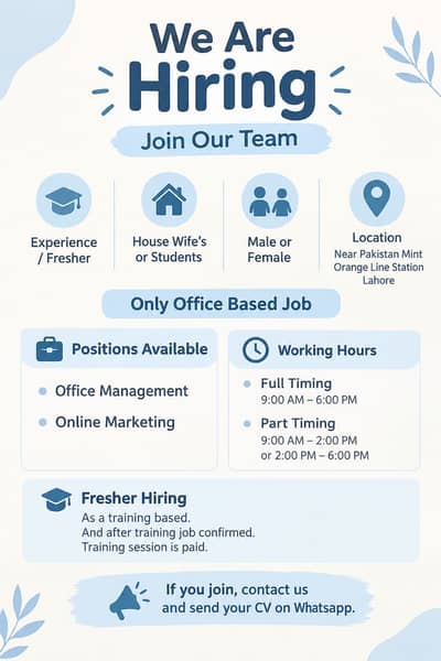 URGENT HIRING MALE OR FEMALE LOCATION AT LAHORE