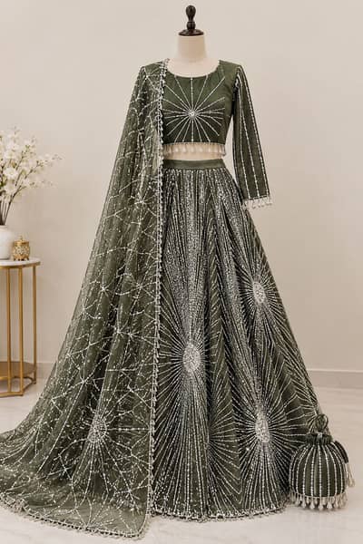  Dark Olive Green Embroidered Lehenga Choli with Dupatta – Party Wear