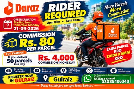 Rider Required in Gulraiz – Earn Rs. 80 Per Parcel