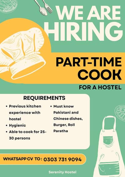 HIRING for COOK, BAWARCHI, COOKING PART-TIME, VISITING COOK