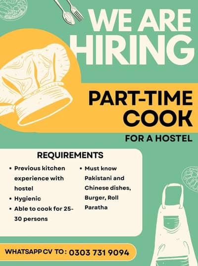 HIRING for COOK, BAWARCHI, COOKING PART-TIME, VISITING COOK