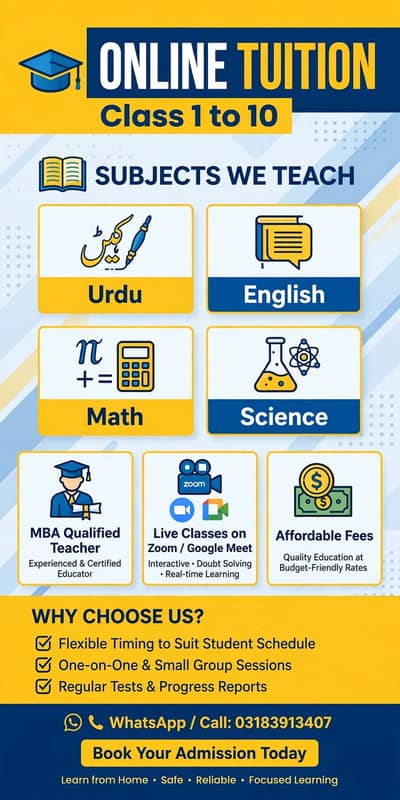 Home Based Online Tuition Available - Class 1 to 10 - Live Zoom Class