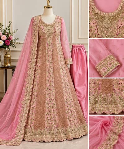 Luxury Pink & Gold Bridal Frock   Elegant Pakistani Bridal Frock 