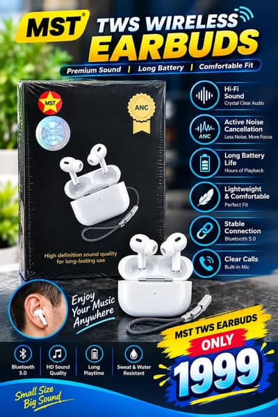  Wireless Earbuds (ANC, Bluetooth 5.0) - Brand New Box Packek