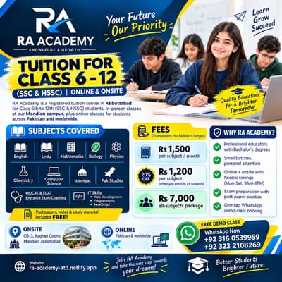 RA Academy Abbottabad: Tuition 6-12, Rs 1000/subject, Online & Onsite