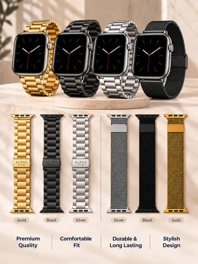 Premium Smart Watch Metal & Magnetic Straps | Gold, Black & Silver