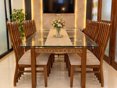 6 Seater Wooden Dining Table with Glass Top & Chairs