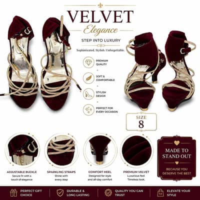 Burgundy Velvet Embellished Heels – Size 8