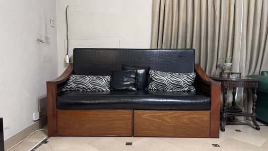 Solid Wood Daybed Sofa (Black Faux Leather) with Dual Storage Drawers