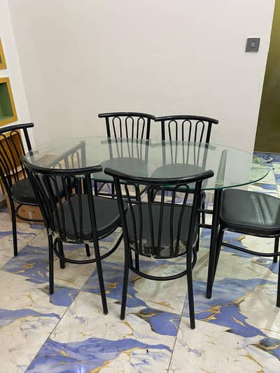 Modern 6 Seater Glass Top Dining Table Set in Excellent Condition