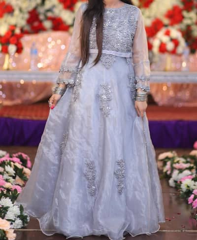 Grey silver party wear maxi with net dupatta - size medium