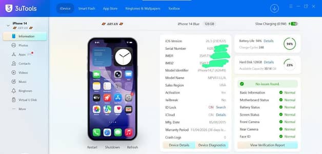 iPhone 14 128GB Blue JV 94 Health Apple Warranty