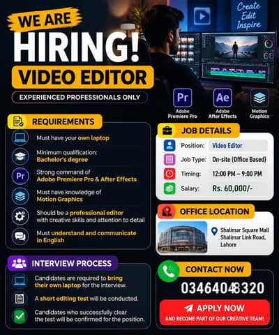 Video Editor Required || Male Jobs (on site) Office Jobs Editor