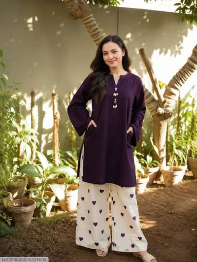 2 piece stitched cotton suit purple shirt heart printed trouser