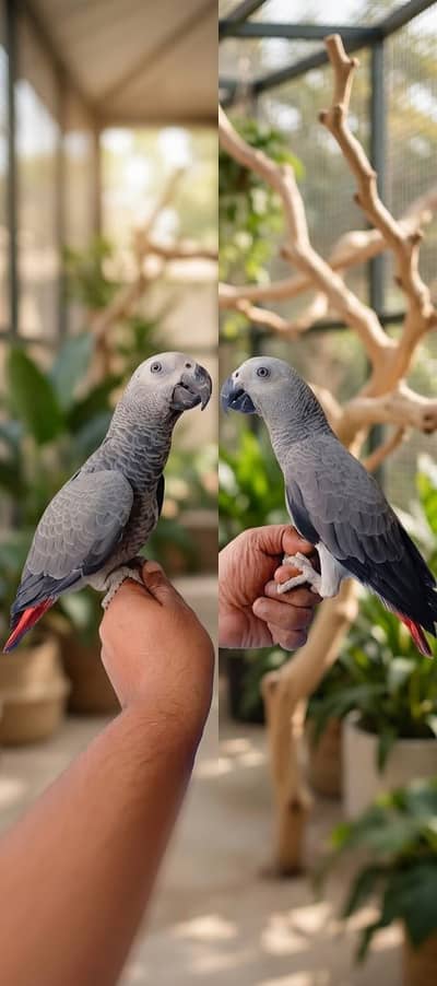 African gray parrot hand taim taking