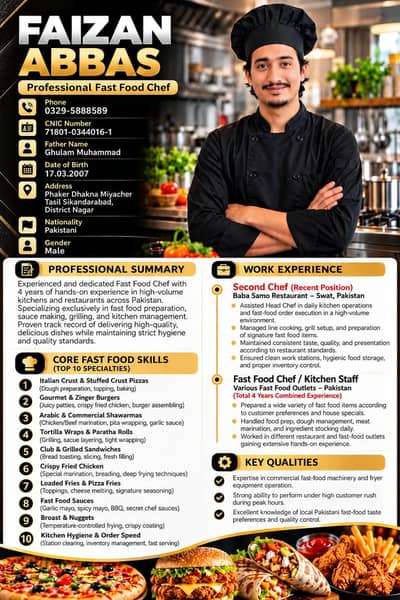 I am fast food expeert chef 3 year's experience as a chef