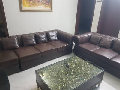 Brown L - Shaped Rexine Sofa Set | Cushions Included | Condition 8/10