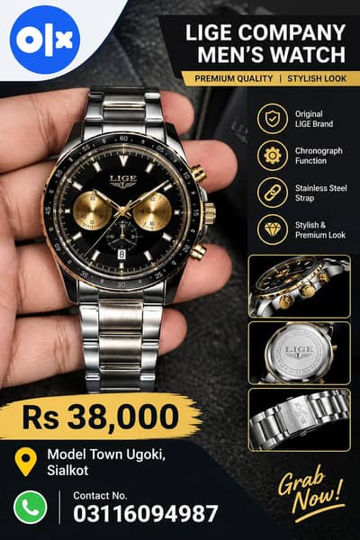 LIGE Men’s Chronograph Watch – Premium Black & Gold Design 38k