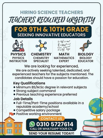 Urgent Hiring: Experienced Science Teacher Dhoke kala khan rawalpindi
