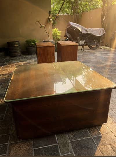 Large Wooden Centre Table  Glass Top with 2 side Tables