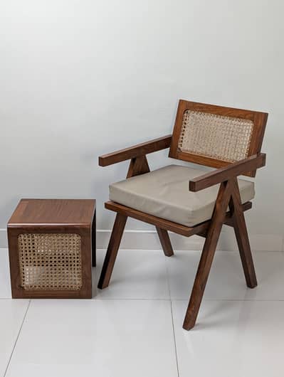 Modern Wood Rattan Chair + Matching Side Table | 2-Piece (Sheesham)