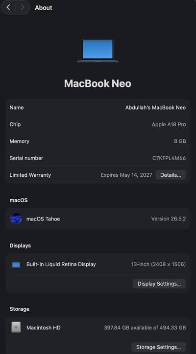 Apple MacBook Neo 8GB/512GB finger print touch ID