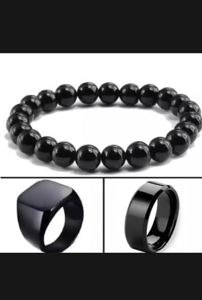 Black beaded bracelet with two rings set-Boys Fashion-Rawalpindi