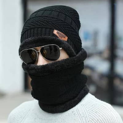 Wool Beanie & Neck Warmer Set Black Winter Warm Unisex