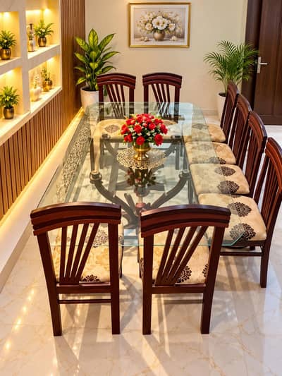 Dining Table Set – 8 Chairs with Glass Top