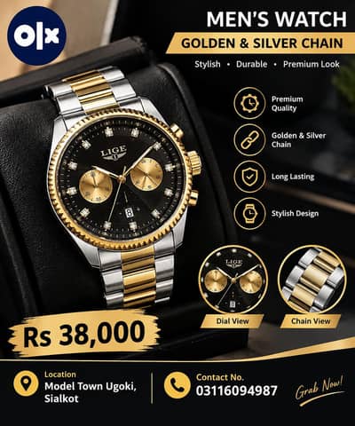 LIGE Men’s Chronograph Watch – Premium Black & Gold Design 38k