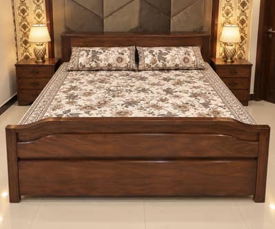 Sheesham Wood Queen Size Double Bed with 2 Side Tables