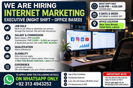 Internet Marketing Executive | Lahore | Freshers Can Apply