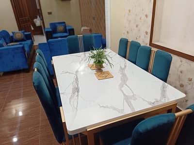 Marble-Top metal Dining Table Set with 6 Teal Velvet Chairs