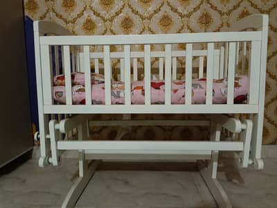 White Wooden Baby Crib / Rocking Cot with Mattress - Urgent Sale