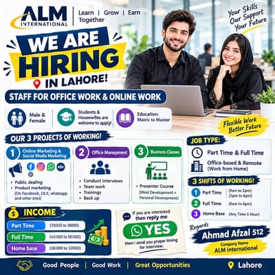 We are hiring staff male and female for office work (feshers& Experts)