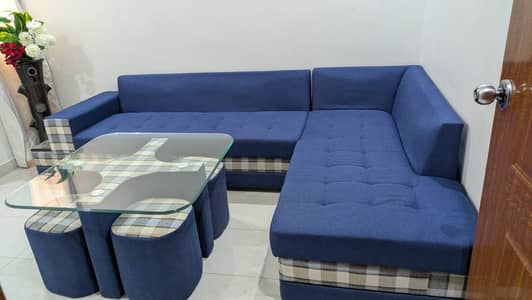 L Shape Sofa Set With Glass Table With 4 Stools And Cushions