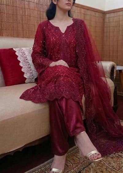 Red embroidered shalwar kameez