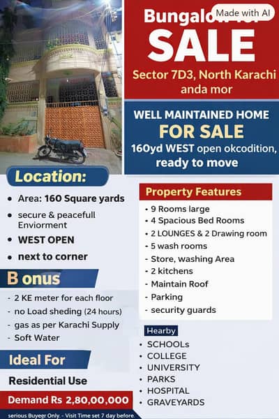 Bunglow 7D3 North karachi,AndaMor SALE  160yd WEST OPEN ready to move