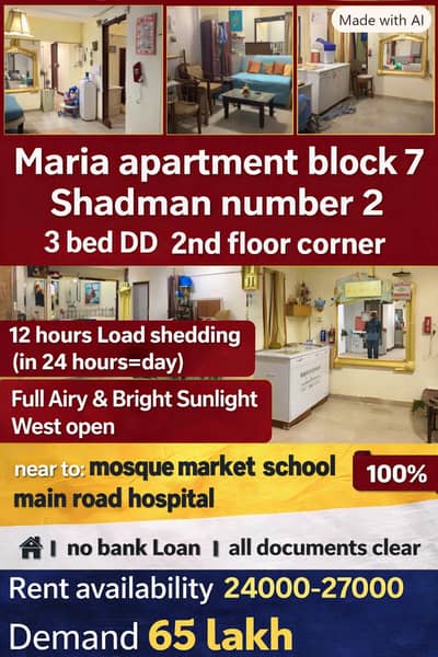 WestOpen 3bed DD 103yd in shadman town 14B in 65 lac Full Airy &Bright