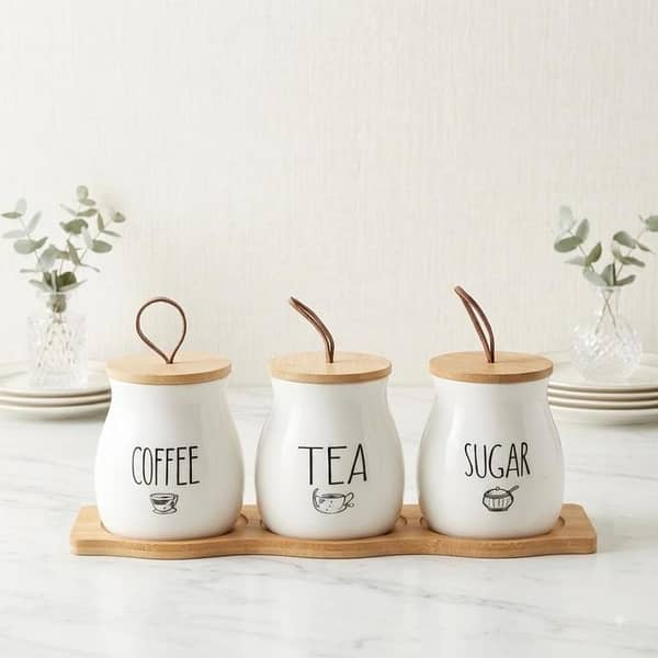 T  Ceramic Tea Coffee Sugar Jars Set with Wooden Tray