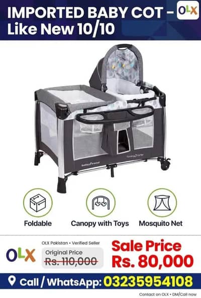 IMPORTED Baby Cot 10/10 - Foldable with Canopy Toys & Mosquito Net