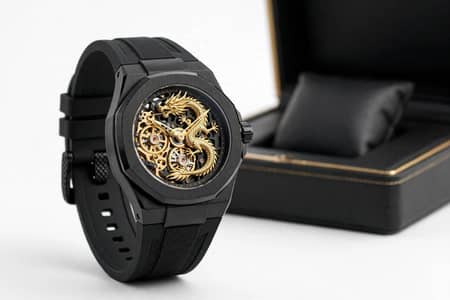 Black Dragon Skeleton Watch For Men With Box