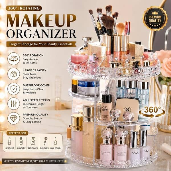 T  360° Rotating Acrylic Makeup Organizer Stand – Multi-Layer Cosmetic Storage Holder for Makeup Brushes, Lipsticks, Skincare & Beauty Accessories | Transparent Desktop Vanity Organizer for Dressing Table & Bathroom Use