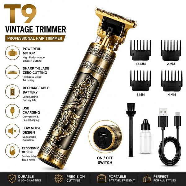 T  T9 Vintage Professional Metal Hair Trimmer for Men – Rechargeable Cordless Zero Cut Beard Trimmer & Hair Clipper with Stainless Steel Precision Blade, Powerful Motor, USB Fast Charging & Full Metal Body Retro Barber Design