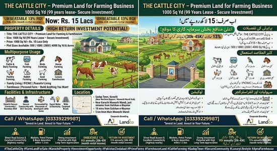 1000 Sq Yd (99 Yrs Lease) rental 30k to 45k/m -Rs 15 Lac ROI 13% to18%