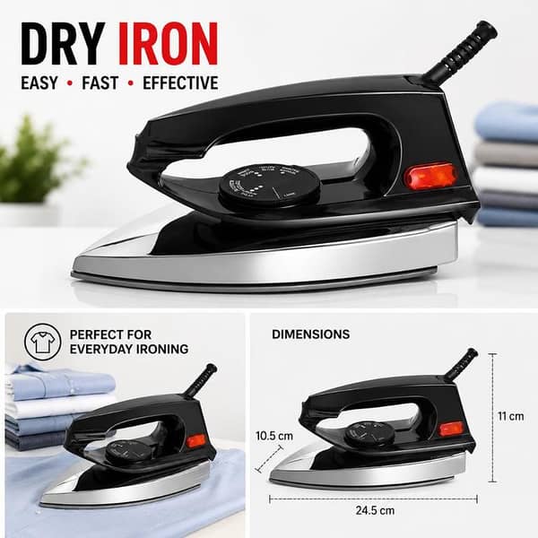 T  Premium Quality Dry Iron 3LBS – Lightweight Electric Clothes Iron for Fast Heating & Smooth Pressing | Non-Stick Soleplate Dry Iron for Home & Travel Use