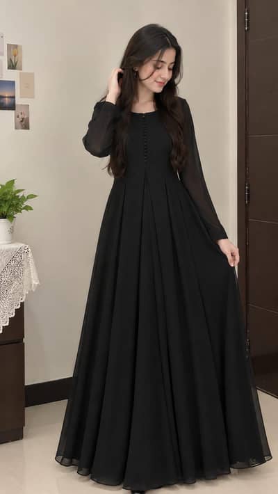 Elegant Black chiffon maxi dress - women's long frock