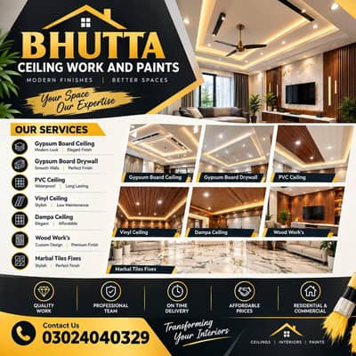 Gypsum board Ceiling, PVC Ceiling, Dampa Ceiling, Drywall partition,