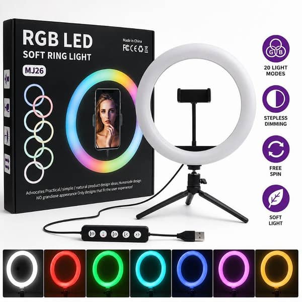 T  10-Inch RGB LED Ring Light with Phone Holder – Professional Studio Ring Light for Makeup, TikTok, YouTube & Live Streaming | Adjustable Selfie Video Camera Light for Photography & Content Creation MJ26